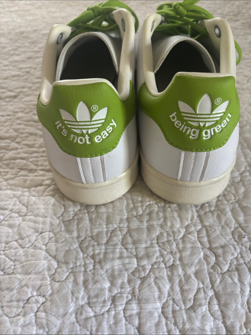 adidas White Sneakers with Bright Green Laces and Heel Tab - Picture 2 of 7